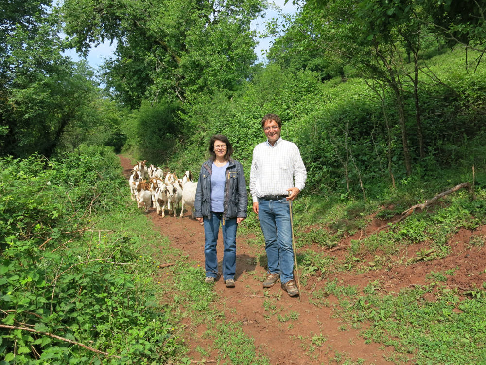 Ein Mann und eine Frau auf einem Feldweg, umgeben von Bäumen und Büschen. Dahinter sind Ziegen zu sehen.